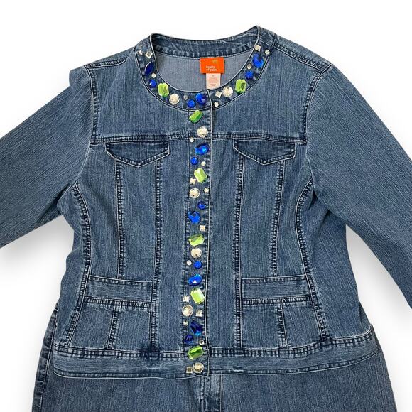 80s 90s Vintage Hearts of Palm rhinestone embellished denim jean suit - Picture 2 of 13